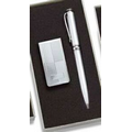 Silver Chrome Plated Money Clip with Matching Ball Point Pen in 2-Piece Box